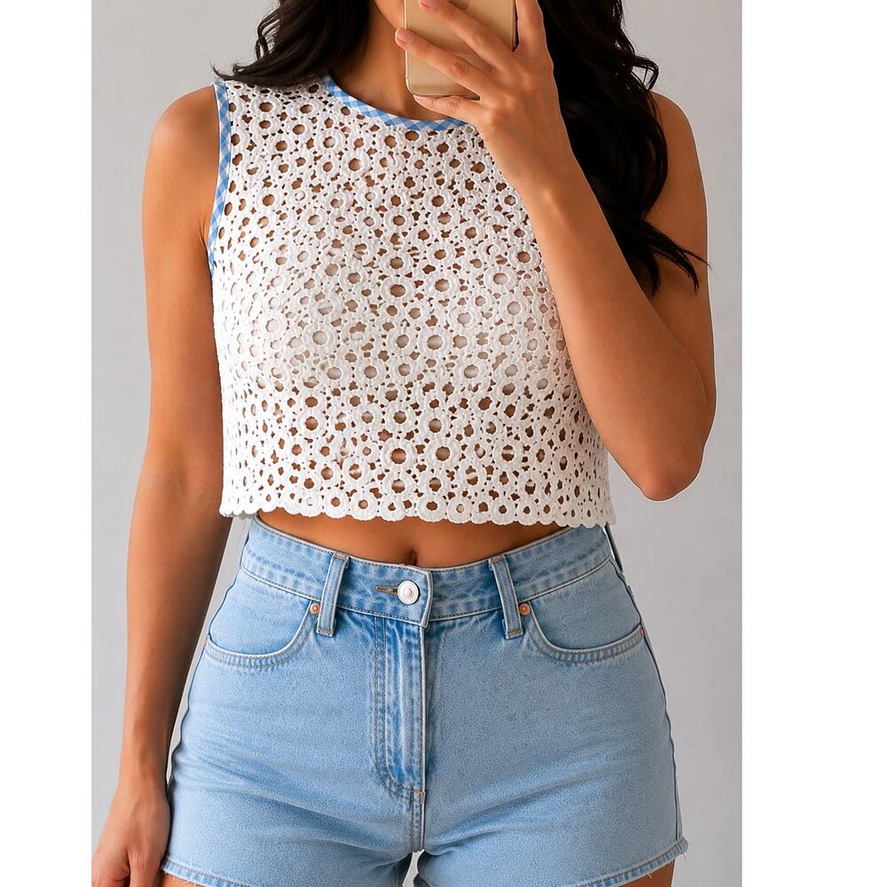 English Factory🌿Lace Crochet Sleeveless CropTop Women SZ Small Blue White Boho